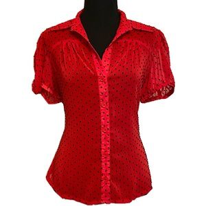 Retro 1950’s Red Black Polka Dot Button-up Blouse